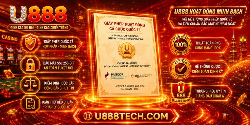 U888 hoạt động minh bạch với hệ thống giấy phép quốc tế và tiêu chuẩn bảo mật nghiêm ngặt.